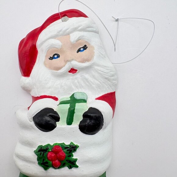 Vintage Santa Claus Boot Christmas Tree Ornament Green Holly Accent Hand Painted - Picture 5 of 6